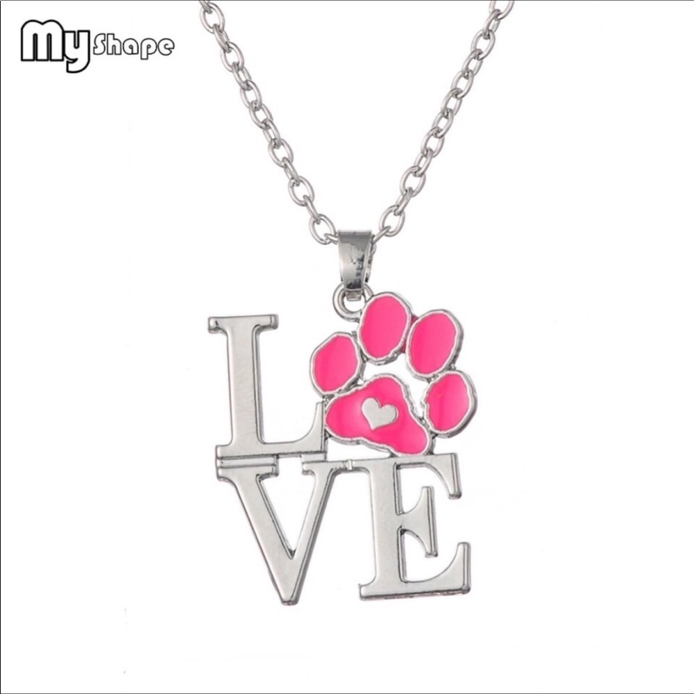 🎉HP!🎉 Silver & Pink LOVE Paw Print Necklace